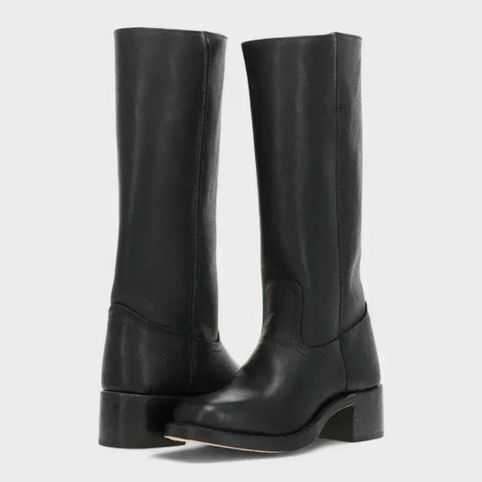 Zoey orthopedic boots, black tall pull-on with stitched panels and low block heel