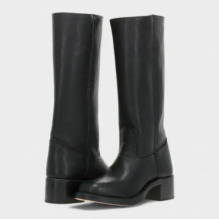 Zoey orthopedic boots, black tall pull-on with stitched panels and low block heel