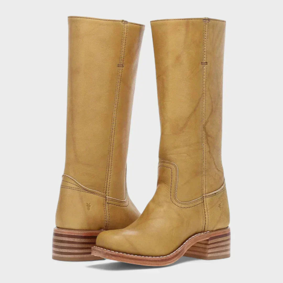 Zoey orthopedic boots, yellow tall pull-on with side gore and striped block heel