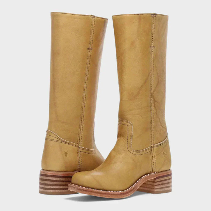Zoey orthopedic boots, yellow tall pull-on with side gore and striped block heel