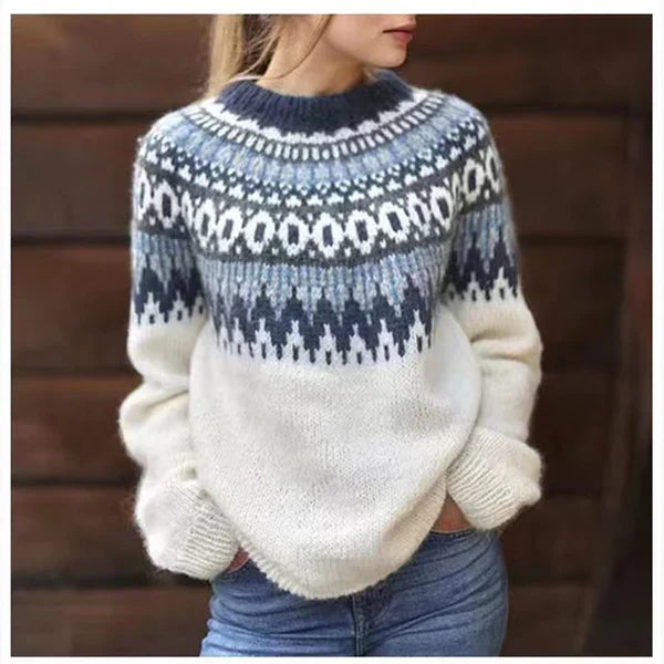 Women's cozy sweater in cream and navy Fair Isle knit with round neckline