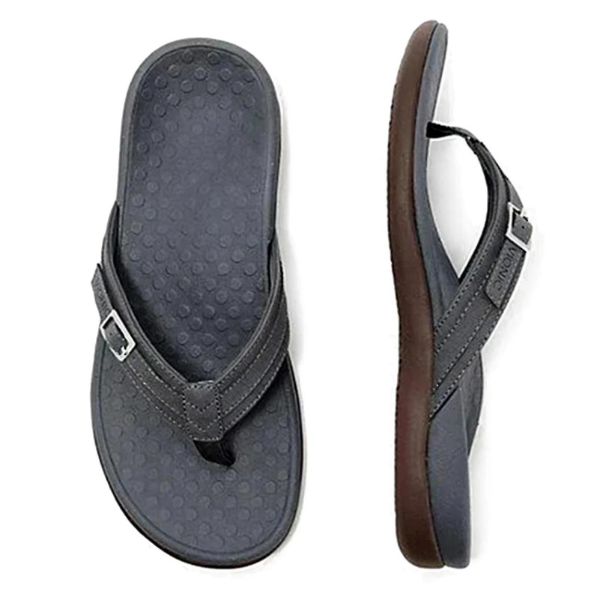Dark navy orthopedic sandals with toe thong and adjustable ankle strap, textured sole.