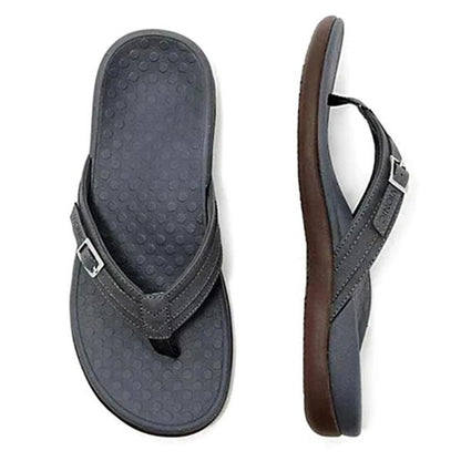 Dark navy orthopedic sandals with toe thong and adjustable ankle strap, textured sole.