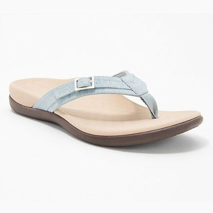 Light blue orthopedic thong sandals with adjustable ankle strap and cushioned sole.