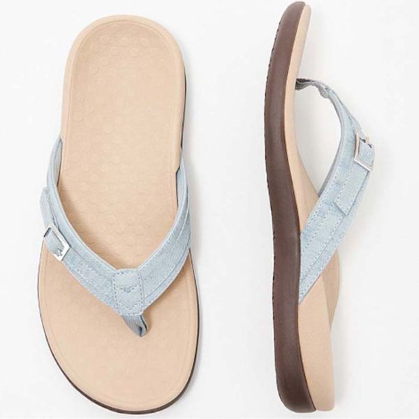 Light blue orthopedic sandals shown from side and insole, with adjustable ankle strap.