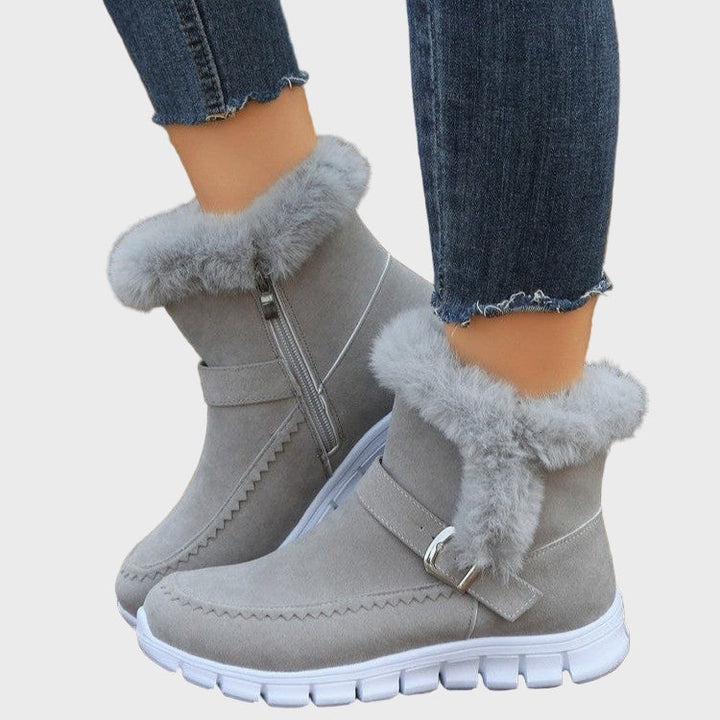 Blair grey warm boots with faux-fur cuff, side zip, and buckle strap