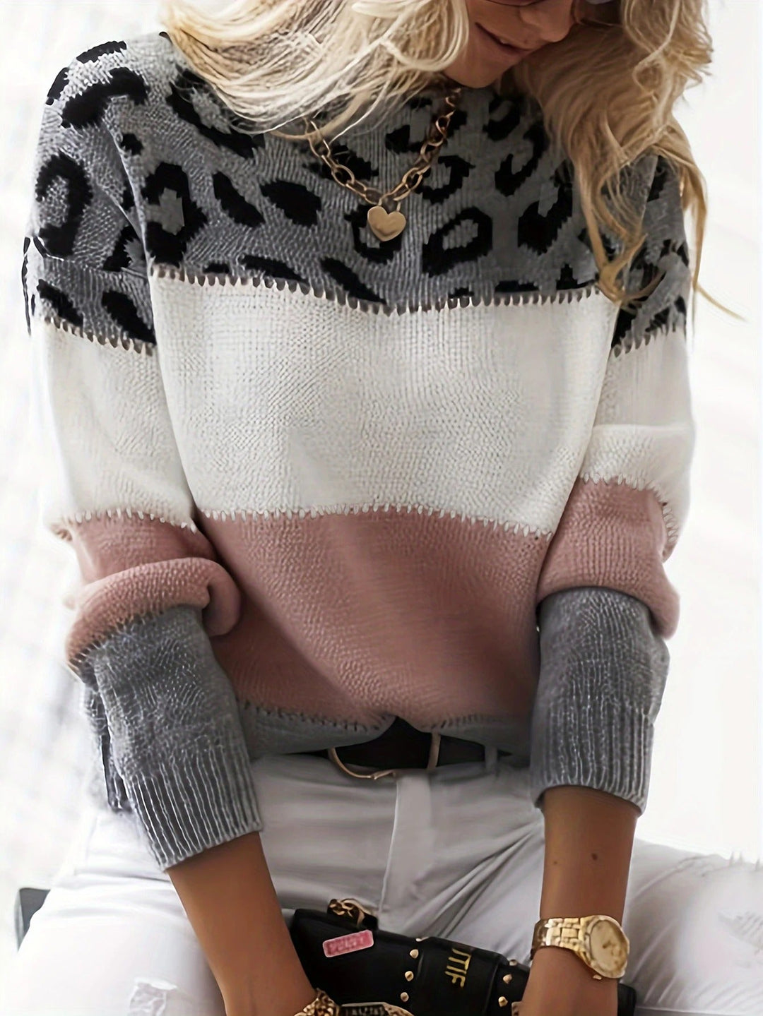 PANTHERA™ leopard print sweater with cream and black spots, striped hem and cuffs
