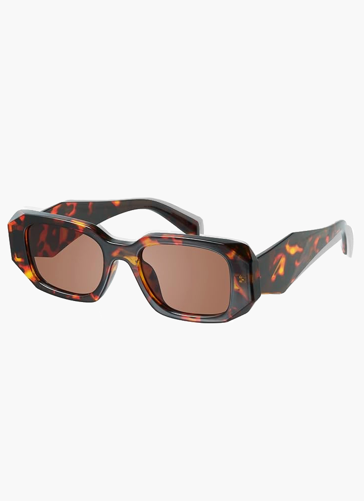 Tortoiseshell bold sunglasses with warm-tinted lenses and angular frames