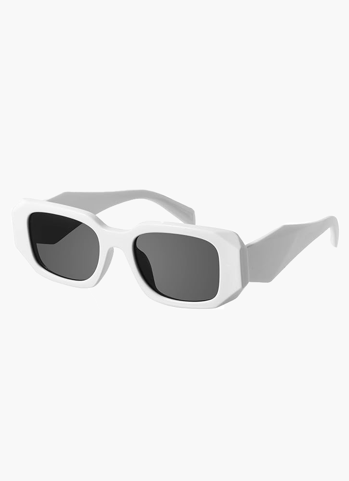 White bold sunglasses with angular frames and dark tinted lenses