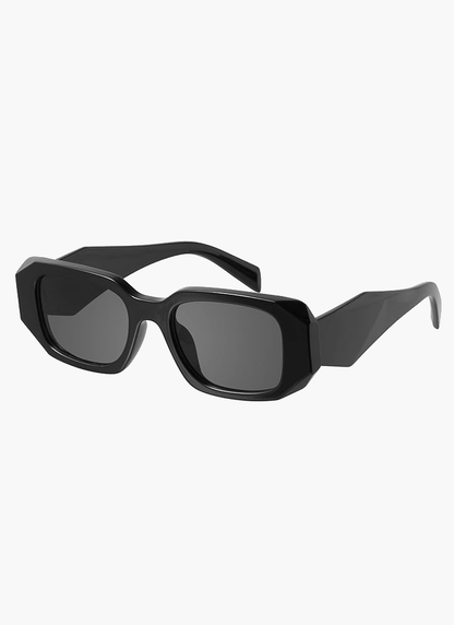 Black bold sunglasses with angular frames and dark tinted lenses