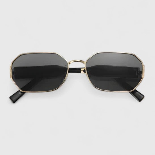 Jaylynne sunglasses with dark lenses and gold-tone frame, black temple tips