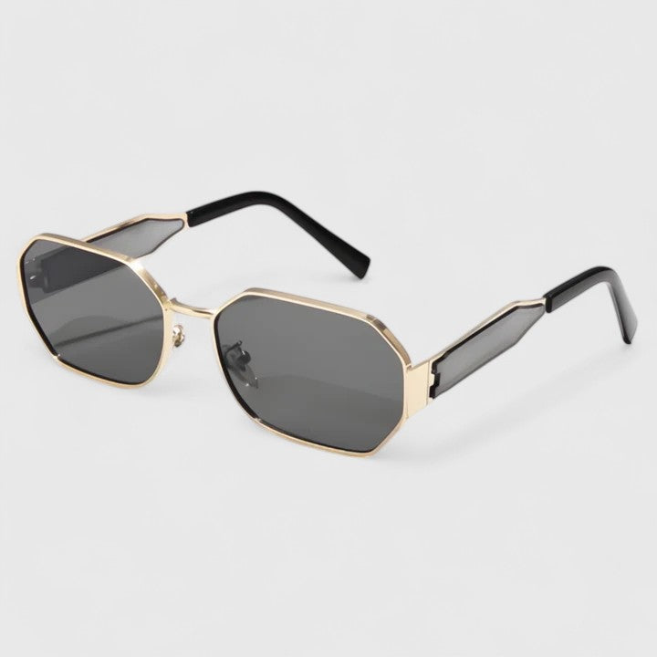 Jaylynne sunglasses with dark lenses, gold-tone metal frame, black temples
