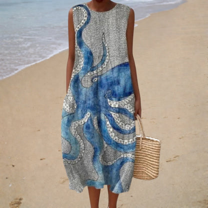 Sleeveless summer dress, gray with blue abstract print, round neck, knee-length