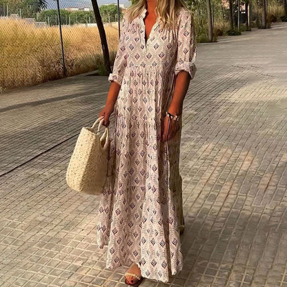 Boho maxi dress, soft pink with leaf pattern, V-neck, three-quarter sleeves