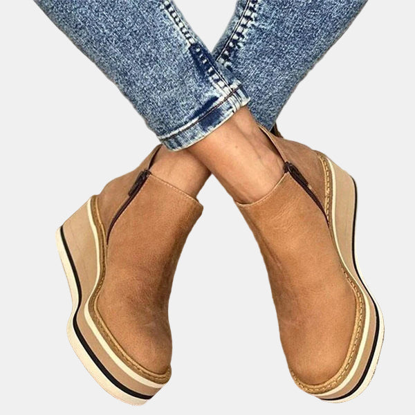 Beige ankle boots with pull-on opening, side elastic, and striped platform sole.
