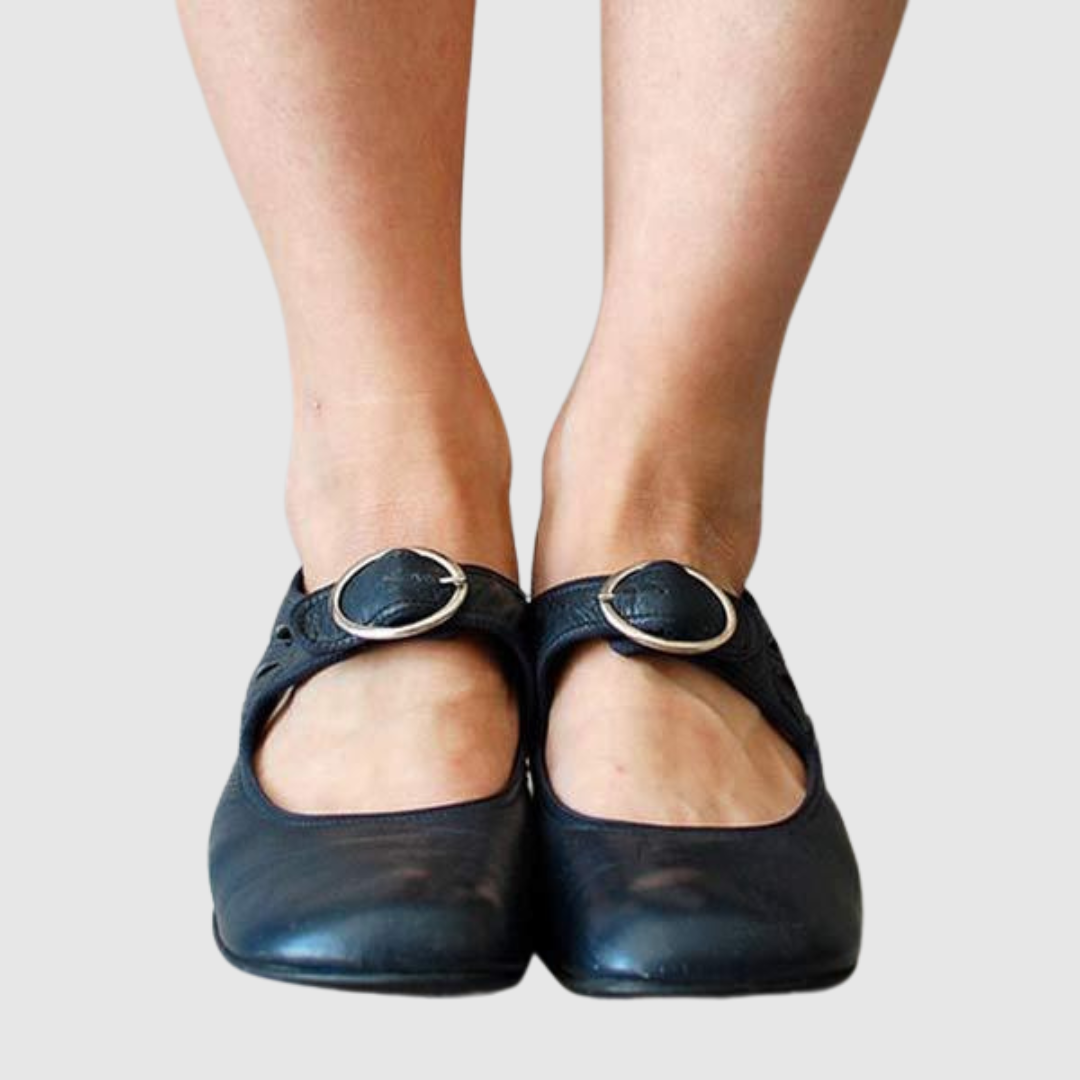 Blue leather Mary Jane flats, worn look, rounded strap with metal buckle detail