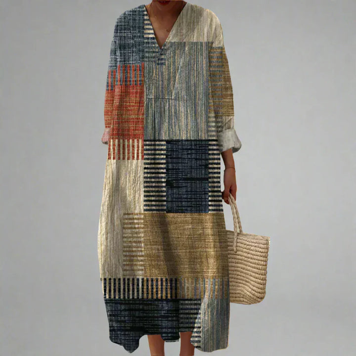 Multicolor geometric print midi dress with V-neck and long sleeves, button-front closure