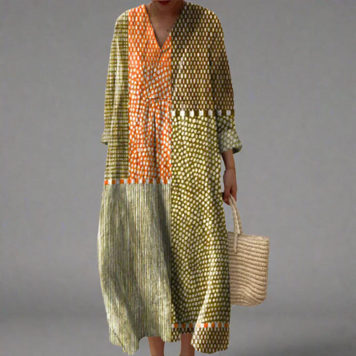 Geometric dress with V-neck, long sleeves, orange and olive checker print