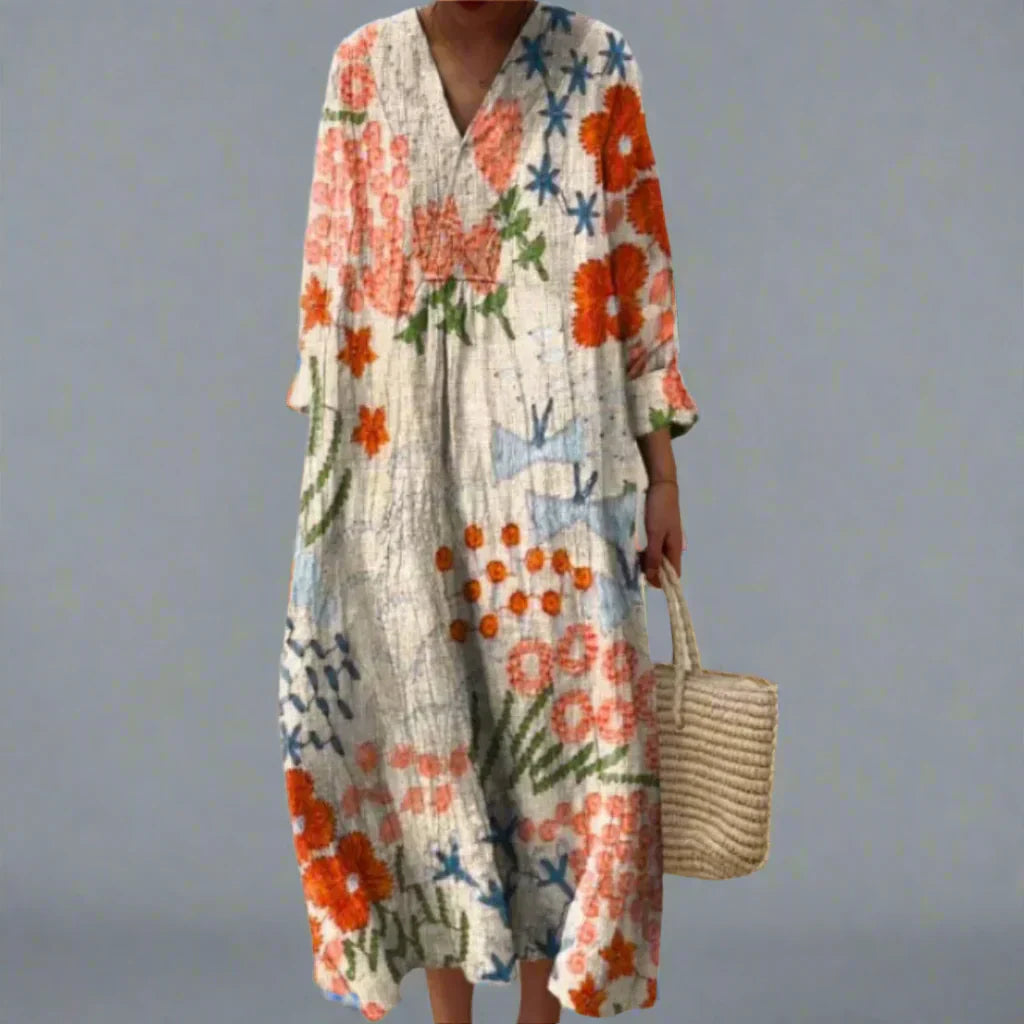 Geometric-print maxi dress with long sleeves and V-neck, multicolor on light base