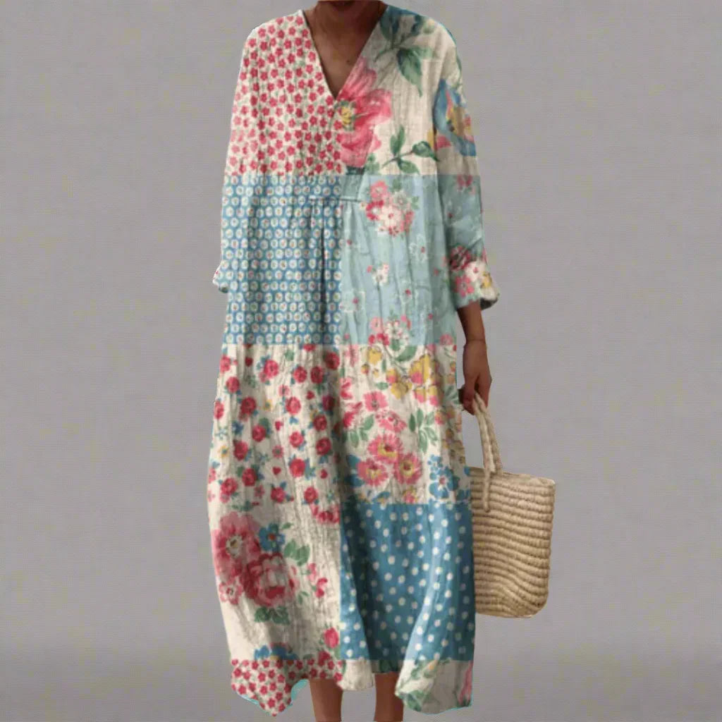 Geometric patchwork midi dress with floral print, V-neck and button front, long sleeves