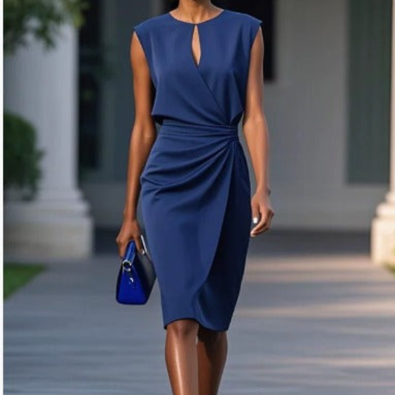 Dark blue sleeveless midi dress with keyhole neckline and gathered waist detail