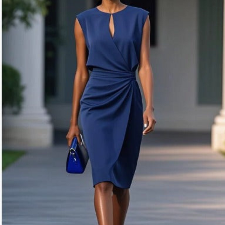 Dark blue sleeveless midi dress with keyhole neckline and gathered waist detail
