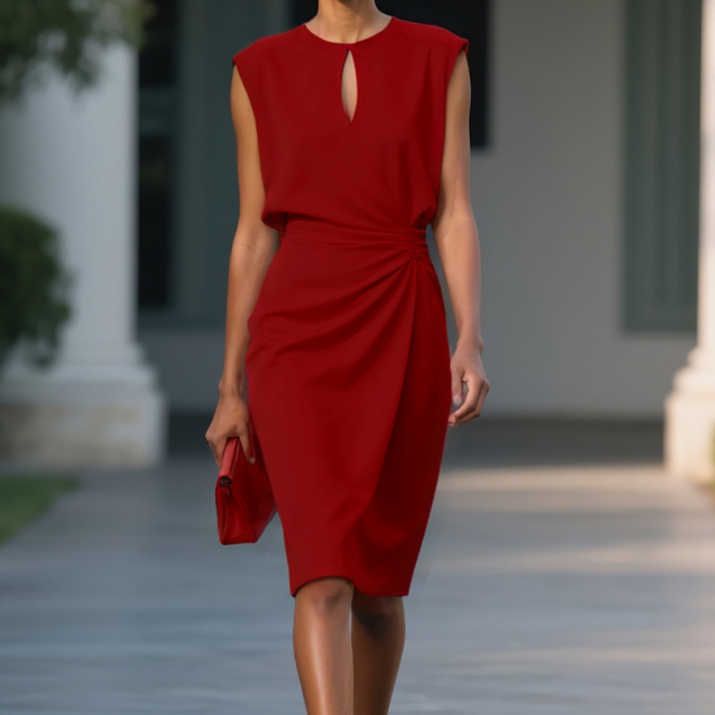 Red sleeveless midi dress with keyhole neckline and twisted drape at waist