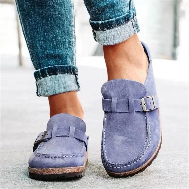 Heidi orthopedic slippers in lavender suede with strap and silver buckle detail