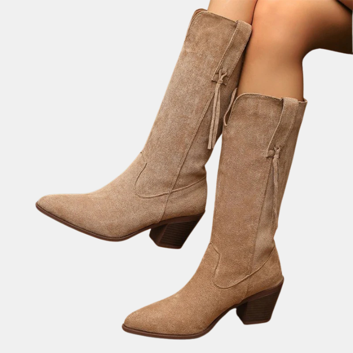 Light brown mid-calf faux suede boots with tassel ties and block heel