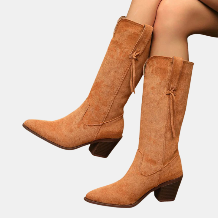 Rust orange mid-calf faux suede boots with tassel ties and block heel