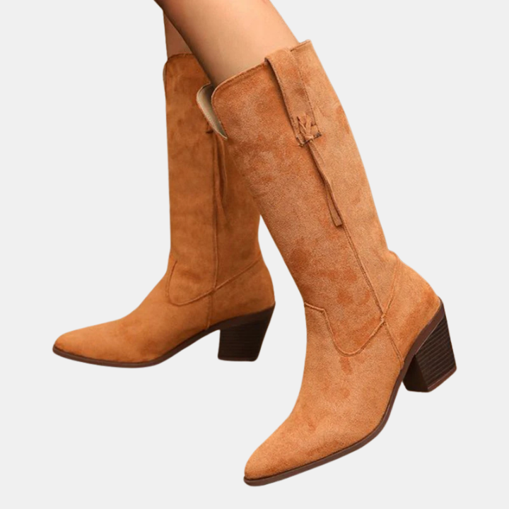 Tan mid-calf faux suede boots with side tassel ties and stacked block heel