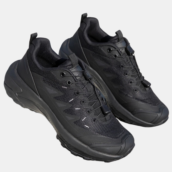 Black breathable mesh elastic buckle sneakers with lace-up front and chunky rubber sole