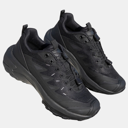 Black breathable mesh elastic buckle sneakers with lace-up front and chunky rubber sole