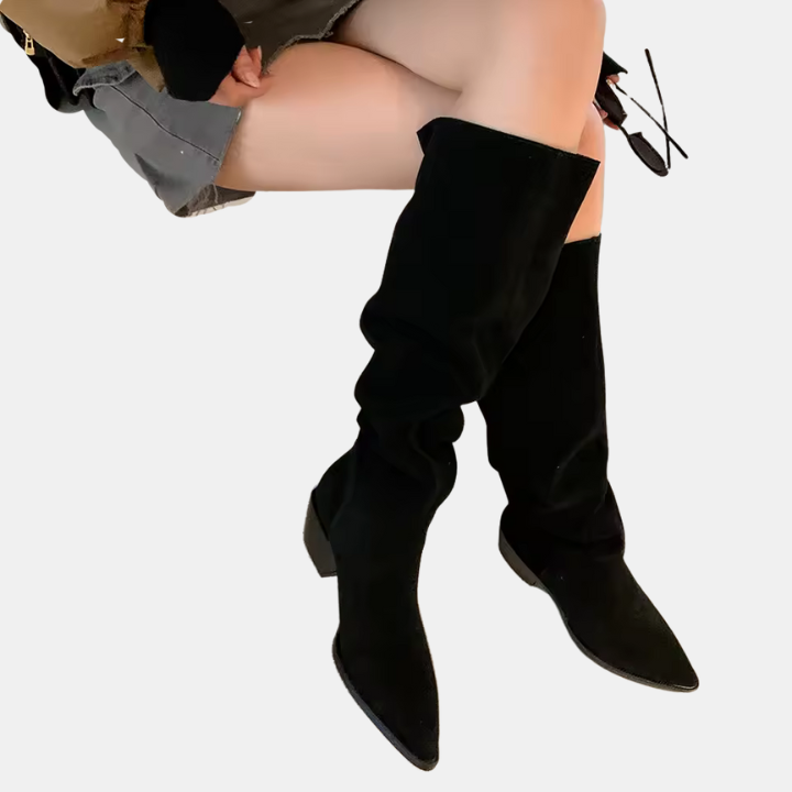 Thea suede retro autumn boots, black, knee-high with block heel