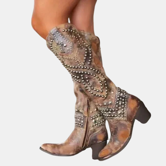 Western knee-high boots in distressed brown with silver studs and stacked block heel
