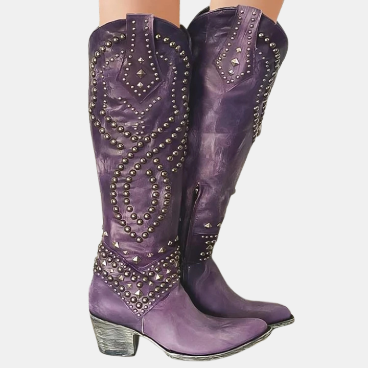 Western knee-high boots in purple with diamond and stud trim, mid block heel