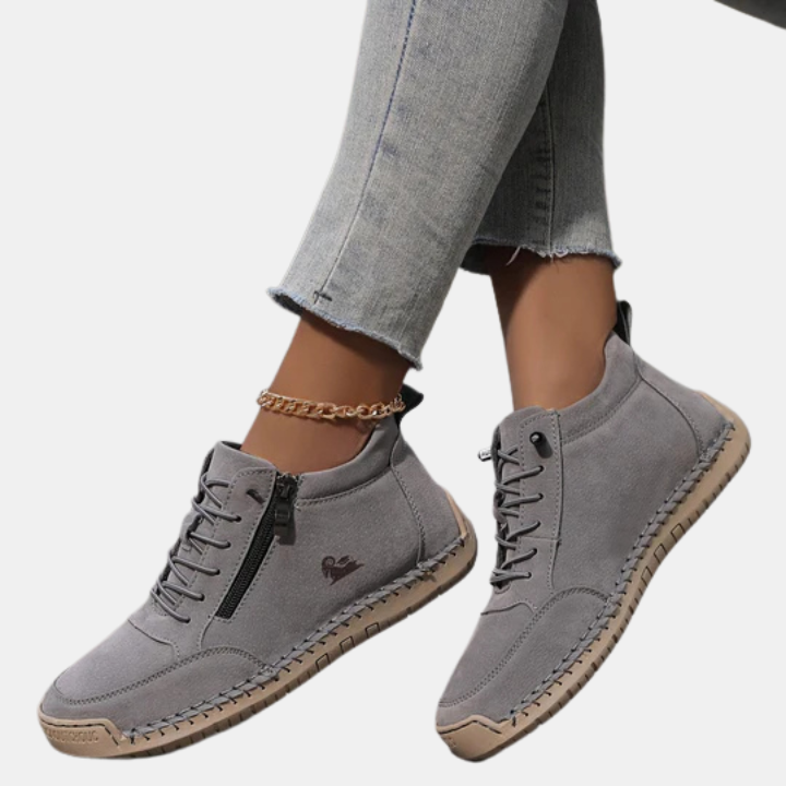 Gray orthopedic high-top shoes with lace-up front, side zipper, and durable outsole