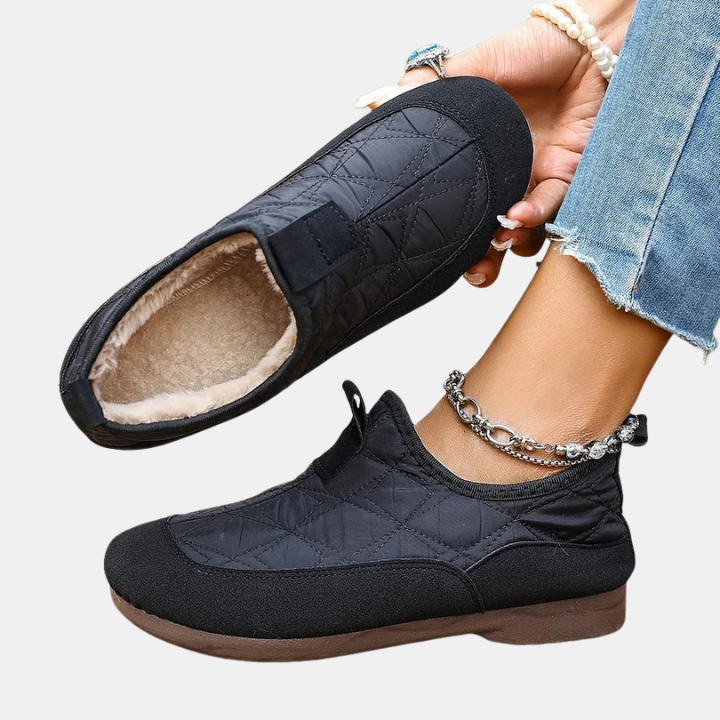 Dannah non slip boots, black quilted slip-on with open collar and soft lining