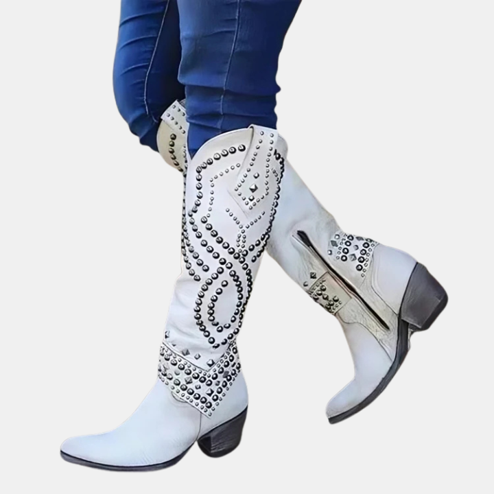 Western knee-high boots in white with silver stud and geometric trim, short block heel