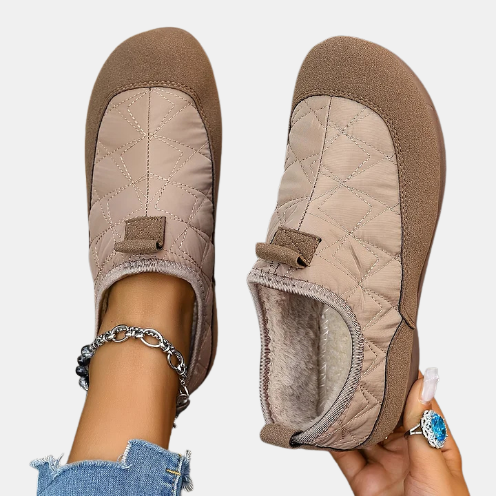 Dannah non slip boots, khaki quilted slip-on showing padded inner lining