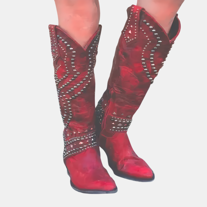 Western knee-high boots in red with silver studs and pointed inlay, block heel
