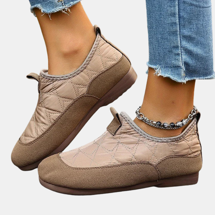 Dannah non slip boots, khaki quilted slip-on with brown outsole and chain cuff