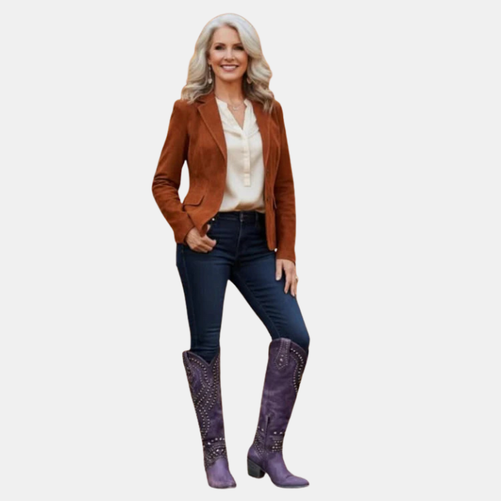 Western knee-high boots in purple with rhinestone-like studs, mid block heel