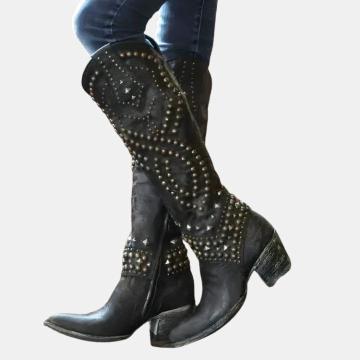 Western knee-high boots in black with silver stud and diamond pattern, block heel