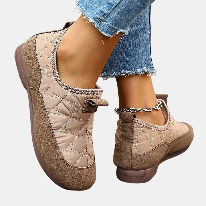 Dannah non slip boots, khaki quilted slip-on with rear strap and brown sole