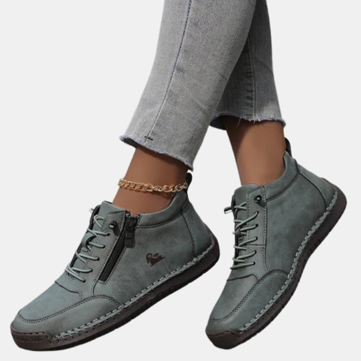 Green-gray orthopedic lace-up shoes with side zipper, chain strap, and tread sole