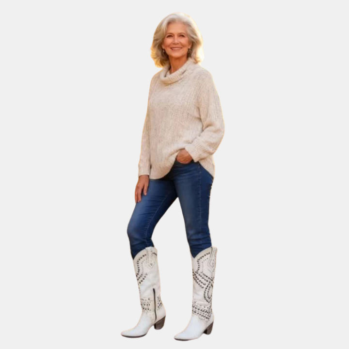 Western knee-high boots in white with perforated and studded detail, block heel