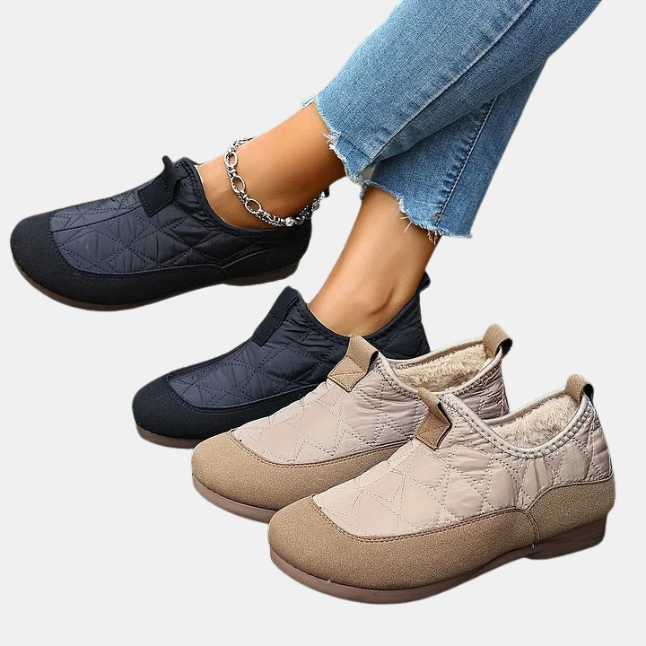 Dannah non slip boots, black and khaki quilted slip-ons with chain cuffs