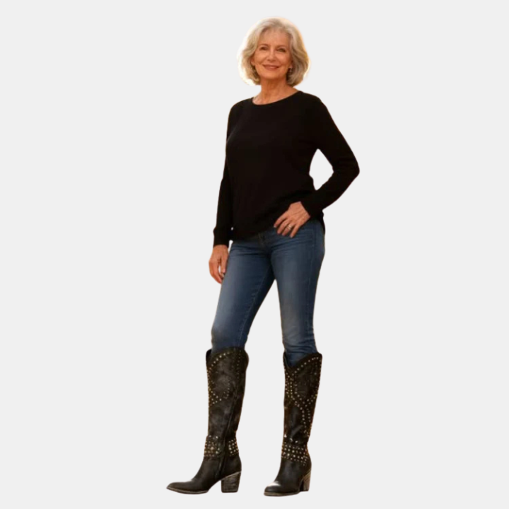 Western knee-high boots in dark with gold-toned stud embellishment, block heel