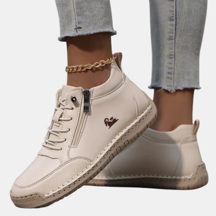 Orthopedic shoes, light beige lace-up with side zipper and padded sole